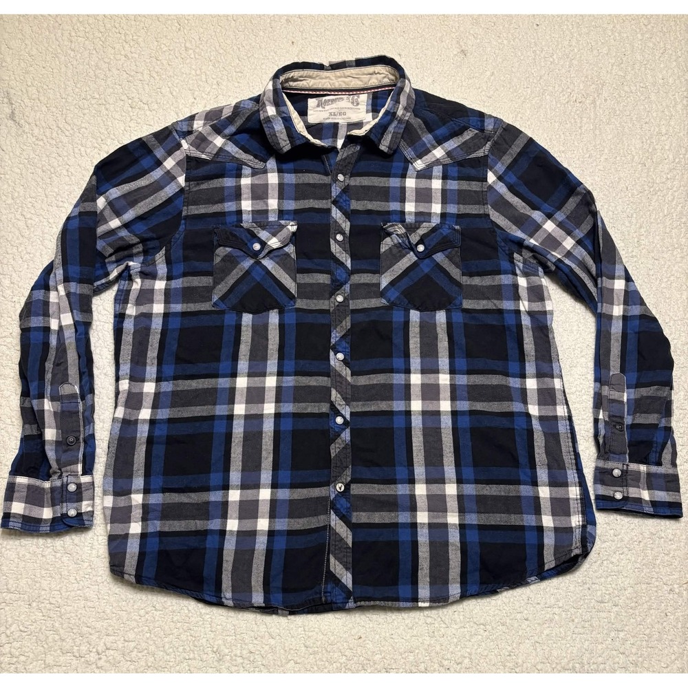 Roebuck & Co Mens Blue Black White Plaid Flannel Snap Button Shirt XL RN 15099